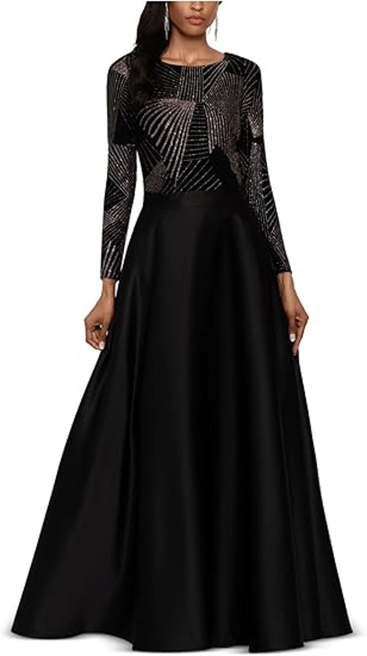 Betsy & Adam Women's 16 Black Gold Glitter Gianni Long Sleeve Evening Gown K4-14